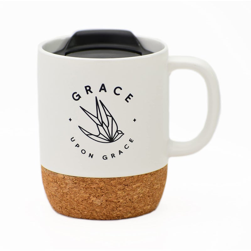 Dexsa Ceramic Designer Coffee Mug Grace upon Grace Holds 14 ounces Cork Bottom with Lid Great for Coffee Tea Soups Hot Chocolate