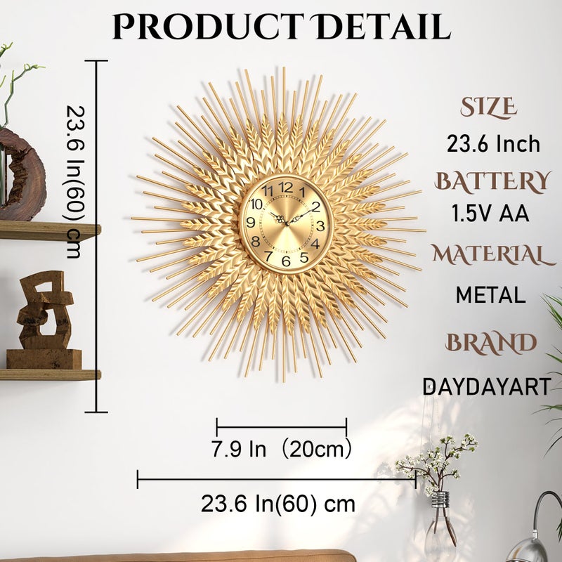DAYDAYART Large Mid Century Gold Wall Clock Decorative Modern Sunburst Wall Clocks, Metal Big Silent Non-Ticking Clock, Luxury Home Gift Decor for Living Room, Bedroom, Dining Room, 24 inch - Image 3