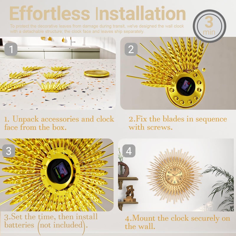 DAYDAYART Large Mid Century Gold Wall Clock Decorative Modern Sunburst Wall Clocks, Metal Big Silent Non-Ticking Clock, Luxury Home Gift Decor for Living Room, Bedroom, Dining Room, 24 inch - Image 4