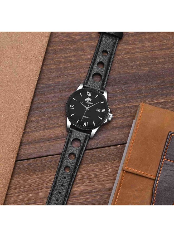 BISONSTRAP Rally Watch Bands, Shrunken Leather Watch Straps for Men, 22mm, Black with Silver Buckle  - Image 2