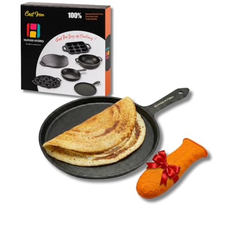Human Hydro Cast Iron Tawa 25cm (Single Handle) with Heat-Resistant Silicone Grip | Heavy-Duty, Even-Heat | Naturally Non-Stick When Seasoned | Gas & Induction Compatible - Image 1