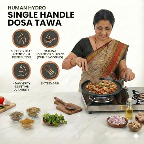 Human Hydro Cast Iron Tawa 25cm (Single Handle) with Heat-Resistant Silicone Grip | Heavy-Duty, Even-Heat | Naturally Non-Stick When Seasoned | Gas & Induction Compatible - Image 4
