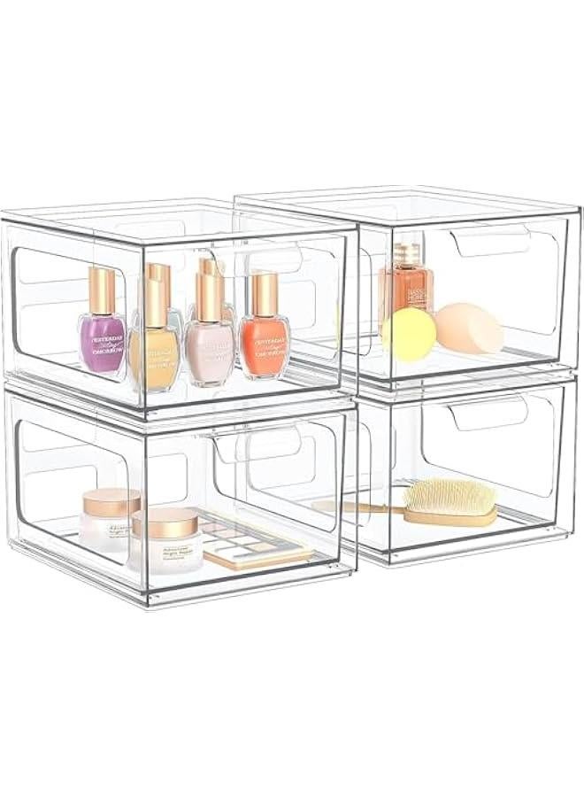 HOOKOR 4 Pack Clear Stackable Storage Drawers, Makeup Organizer and Storage, Acrylic Bathroom Organizers, Clear Plastic Drawer Storage Bins For Vanity, Undersink, Kitchen Cabinets, Pantry - Image 1