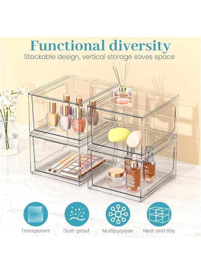 HOOKOR 4 Pack Clear Stackable Storage Drawers, Makeup Organizer and Storage, Acrylic Bathroom Organizers, Clear Plastic Drawer Storage Bins For Vanity, Undersink, Kitchen Cabinets, Pantry - Image 5