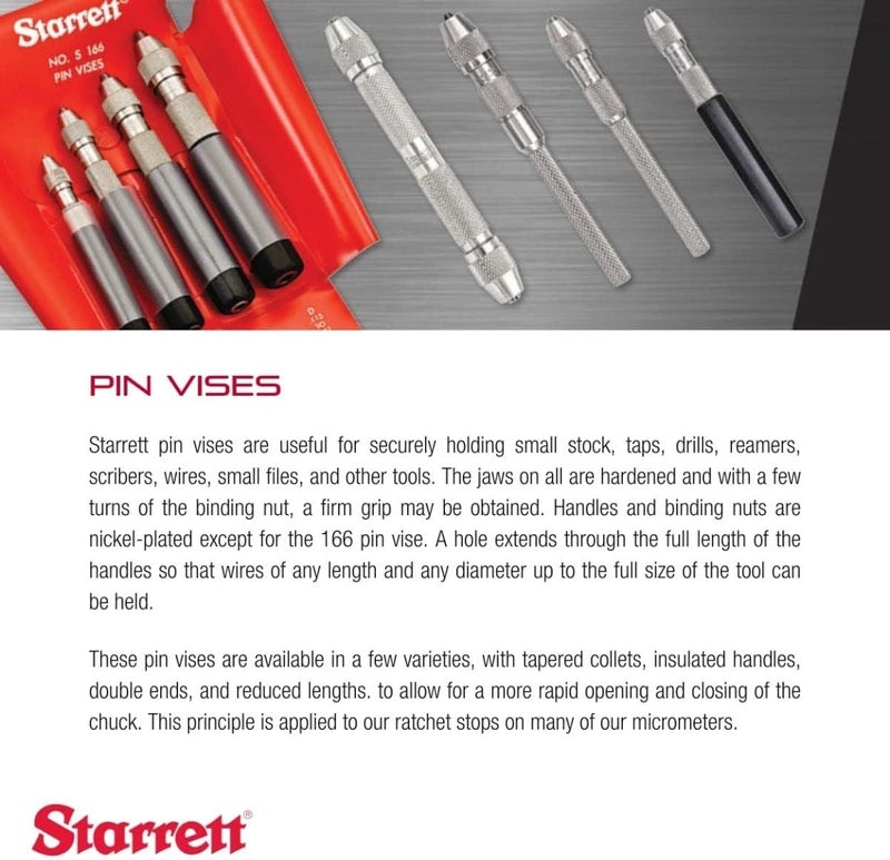 Starrett Pin Vise with Knurled Handles, Smaller Body Diameter than the Chuck, and Special Tapered Collet for Maximum Clamping Surface - 0-.040" Range - 162A - Image 3