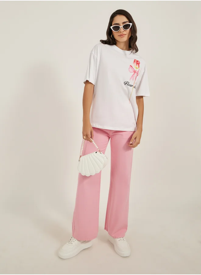 Styli Graphic Print Round Neck Oversized T-Shirt