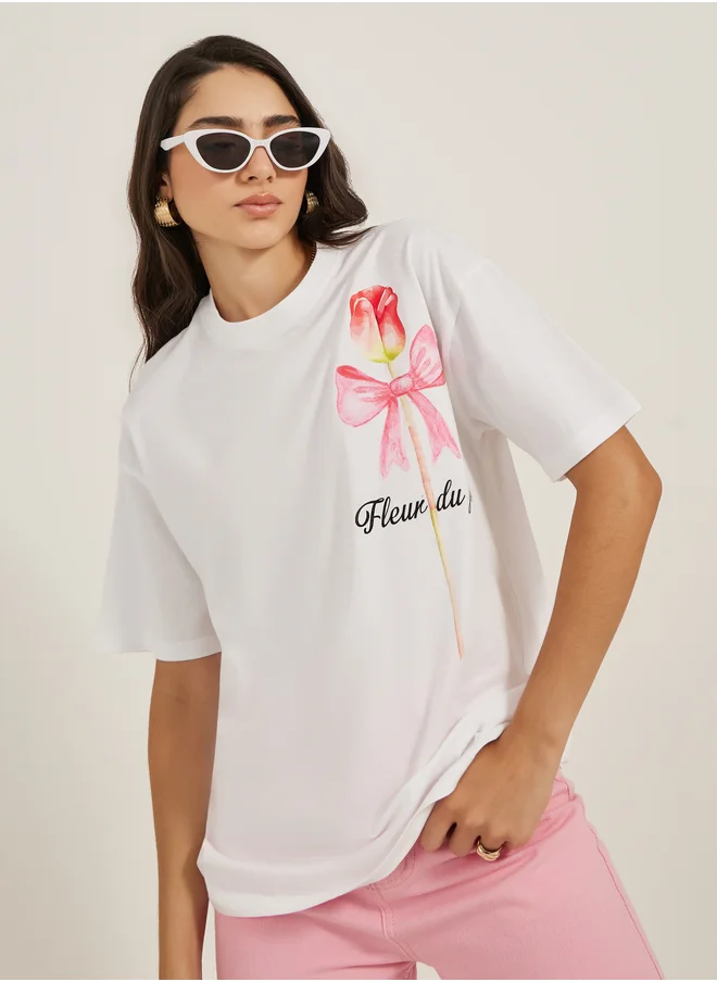 Styli Graphic Print Round Neck Oversized T-Shirt