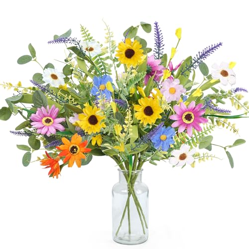 GTIDEA 4 Bundles Artificial Daisy Flowers Bouquet 20 Inch Fake Silk Spring Flowers Faux Wildflowers Floral Arrangements for Home Indoor Table Vase Wedding Party Decor Colorful