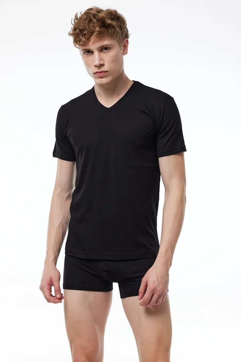 مالابادي Men's Black Basic V Neck Thin Modal T-Shirt 085