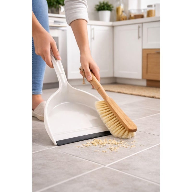 Plastic Dustpan with Wooden Hand Brush Set – Heavy-Duty Rubber Edge Floor Cleaning Kit for Home & Kitchen – White & Natural Wood - Image 2