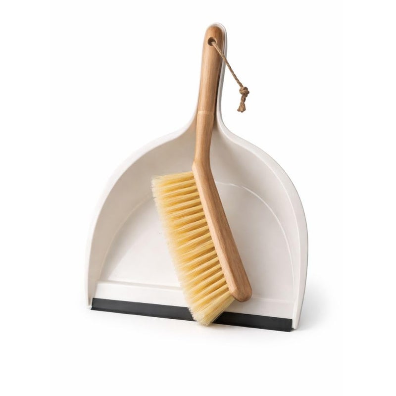 Plastic Dustpan with Wooden Hand Brush Set – Heavy-Duty Rubber Edge Floor Cleaning Kit for Home & Kitchen – White & Natural Wood - Image 1