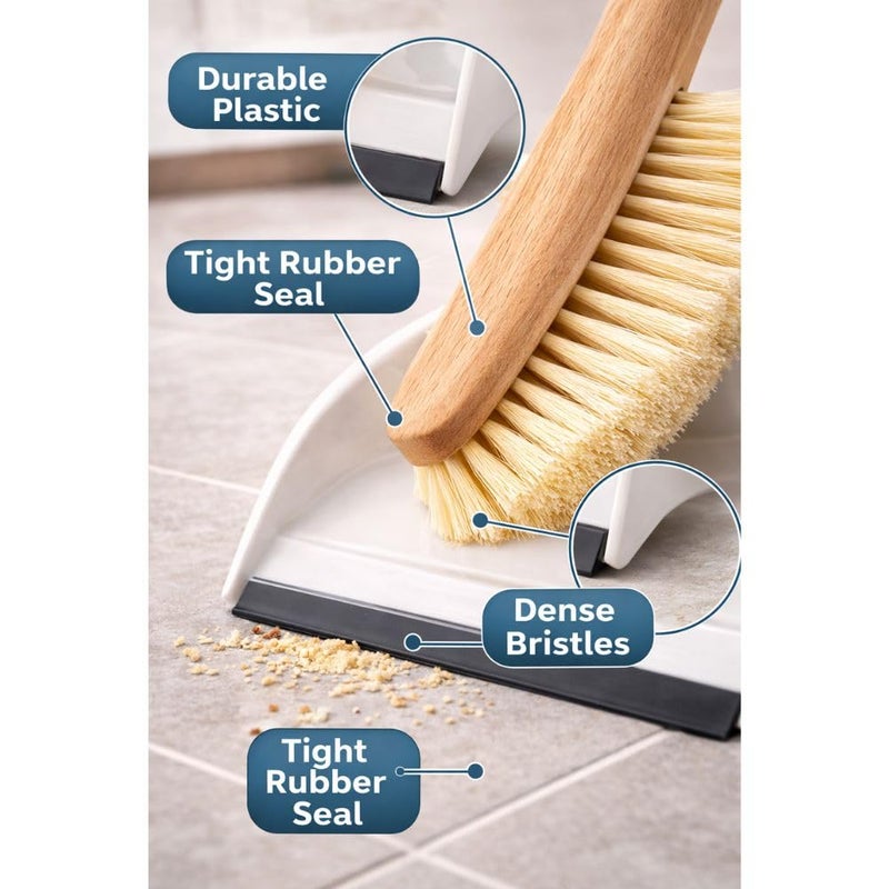 Plastic Dustpan with Wooden Hand Brush Set – Heavy-Duty Rubber Edge Floor Cleaning Kit for Home & Kitchen – White & Natural Wood - Image 3