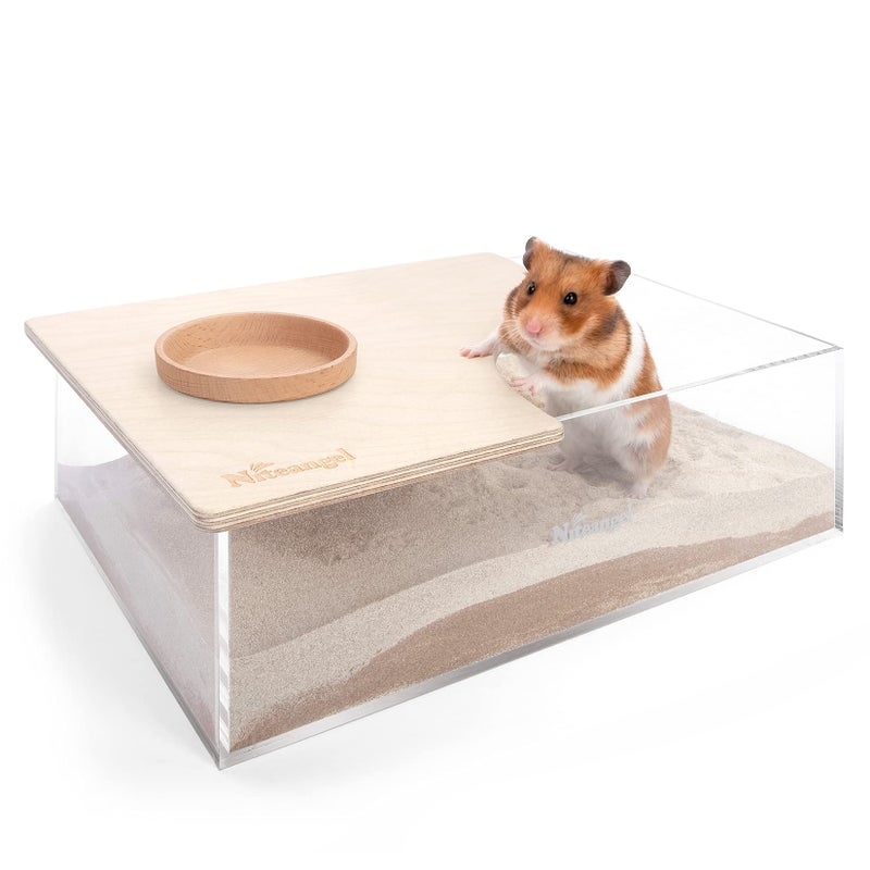 Niteangel Small Animal Sand-Bath Box: - Acrylic Critter's Sand Bath Shower Room & Digging Sand Container for Hamsters Mice Lemming Gerbils or Other Small Pets (Rectangle, Birch-Wood) - Image 1