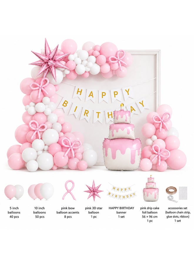 53 Pcs Pink Happy Birthday Full Party Decoration Combo Set with Balloon Garland, Paper Banner, Bow Decor, Cake Table Backdrop and Party Props - Image 1