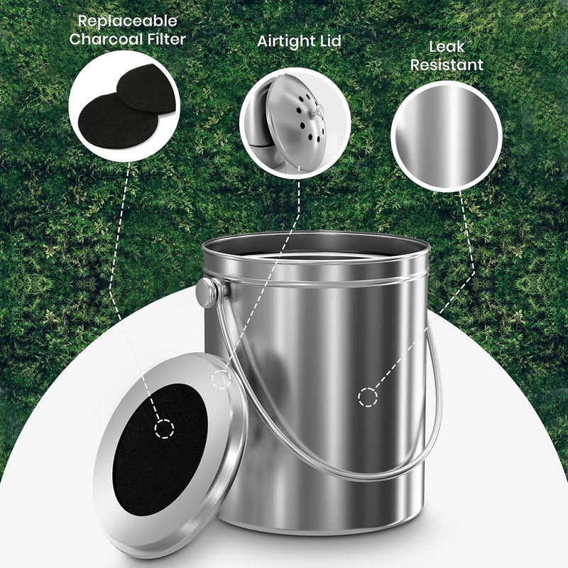 Utopia Kitchen Stainless Steel Compost Bin for Kitchen Countertop - 1.3 Gallon Compost Bucket Kitchen Pail Compost with Lid - Includes 1 Spare Charcoal Filter - Image 4