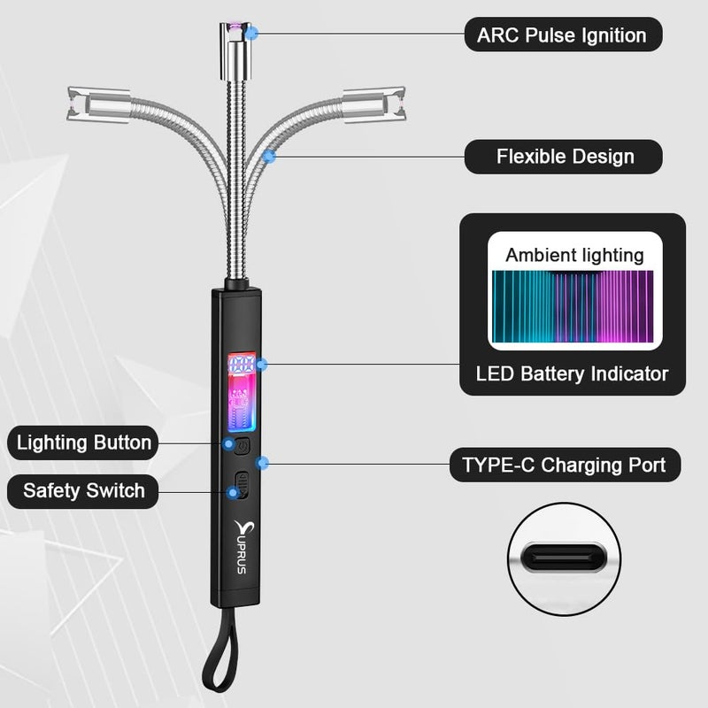 SUPRUS Electric Candle Lighter USB-C Rechargeable with Digital Battery Display Ambient Lighting Safety Switch 360Â° Flexible Neck Flameless Plasma Windproof Perfect for Candle BBQ Camping (Black) - Image 3