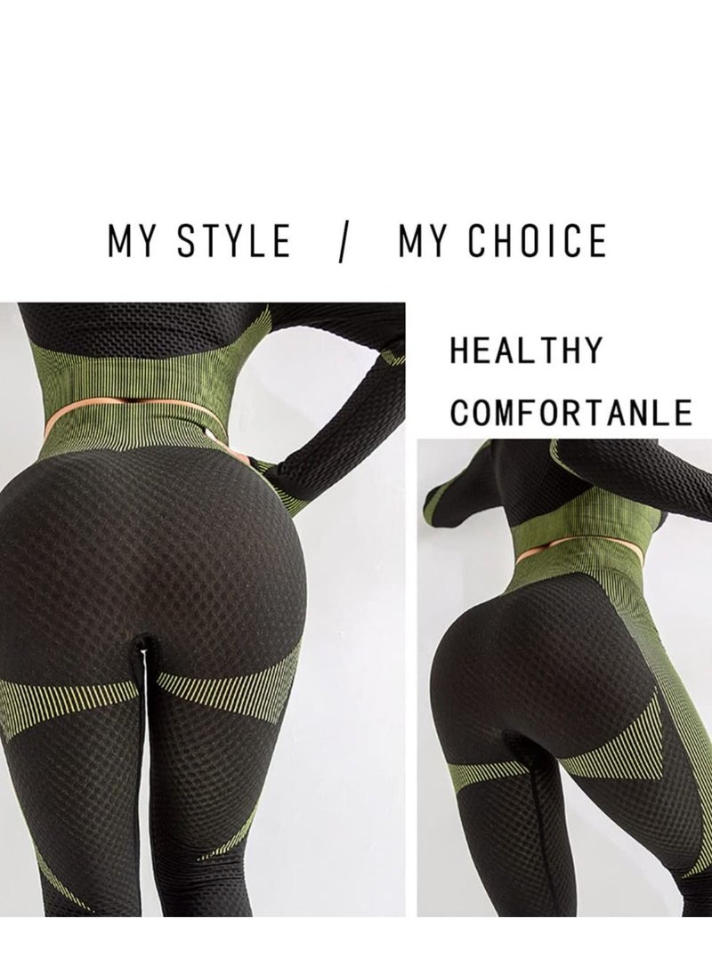 Y&D - Women High Waisted Fitness Clothing to Lift the Buttocks and Leggings Set Long Sleeved Seamless for Yoga Gym (Army Green, M) - Image 1
