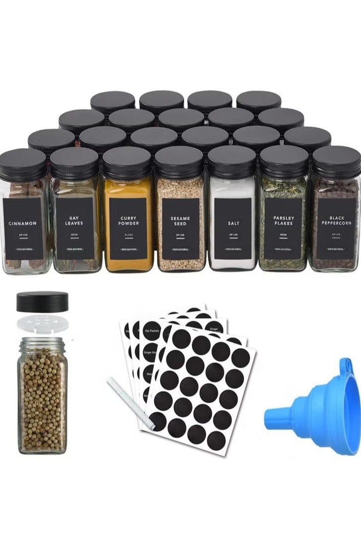 TYCOM Spice Jars with Labels for Kitchen Organizing Drawers, 120 ml Glass Jars With Cleaning Brush and Collapsible Funnel,Food Storage jars,24 Pcs with Bamboo Lids.