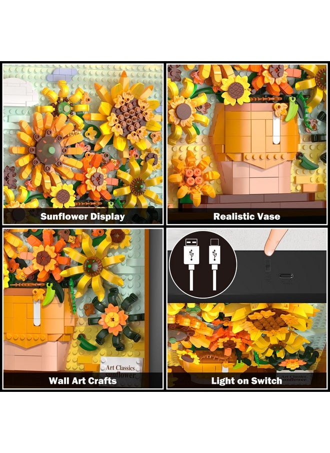 Hogokids HOGOKIDS Flowers Sunflower Building Set with Lights - Vincent Van Gogh Painting Frame Artwork Mini Building Blocks Toy for Home Dcor Wall Art Architecture Sets for Adults Teens - 807PCS  - Image 4