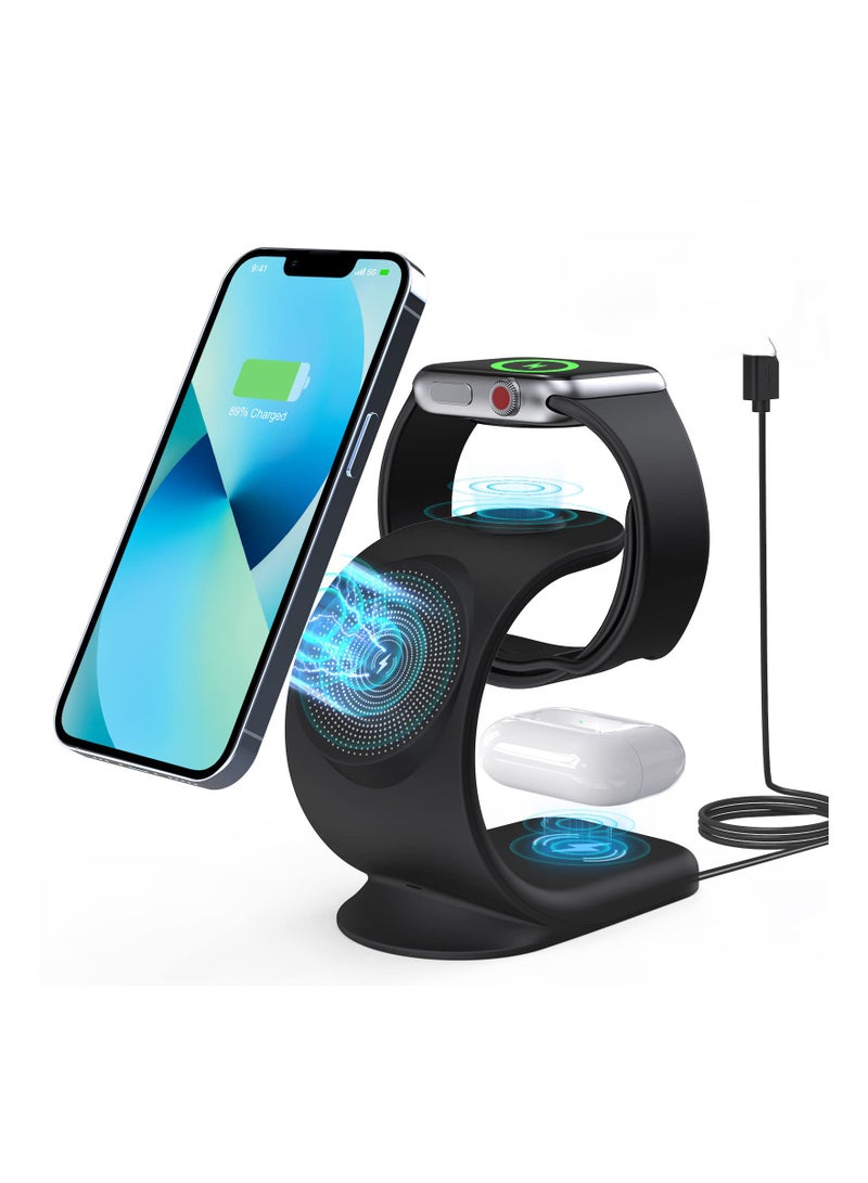 KASTWAVE 3 in 1 Magnetic Wireless Charger, 15W Fast Charging Station for iPhone 13/ pro/ pro-Max/ 12/ 12 Pro Max, Support for iWatch, for AirPods Pro for Bonus 18W QC 3.0 Adaptor and Magetic Metal Ring (Black) - Image 1