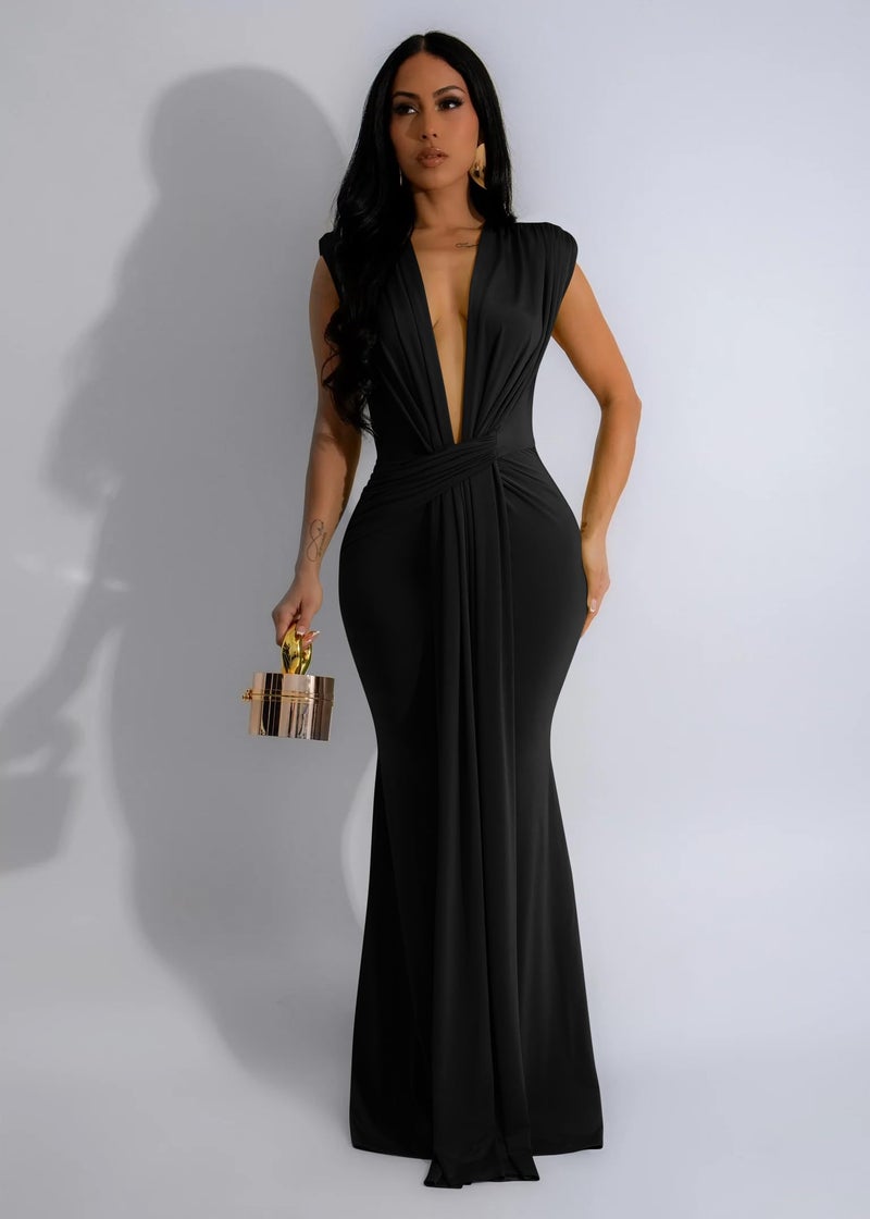 Memoriesea Women's Elegant Sleeveless Deep V Neck Bodycon Party Evening Gown Maxi Dress Black - Image 2