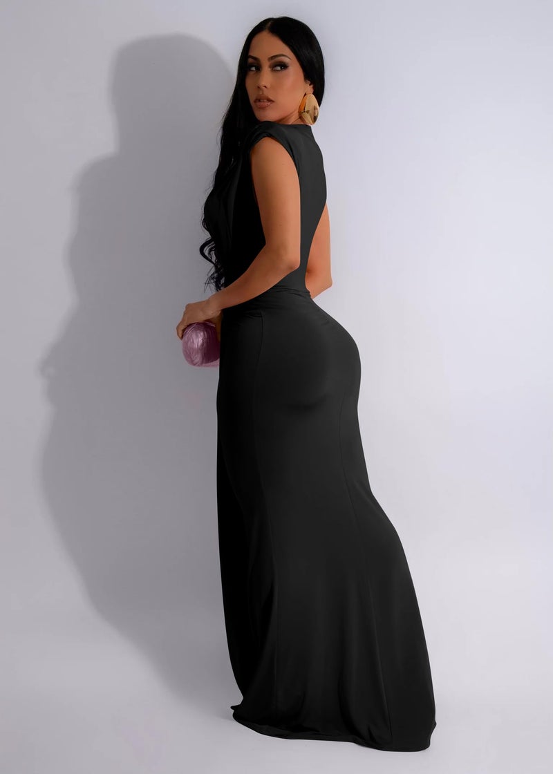 Memoriesea Women's Elegant Sleeveless Deep V Neck Bodycon Party Evening Gown Maxi Dress Black - Image 4