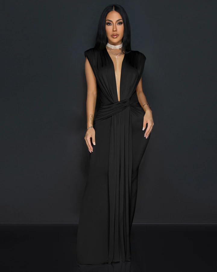 Memoriesea Women's Elegant Sleeveless Deep V Neck Bodycon Party Evening Gown Maxi Dress Black - Image 3