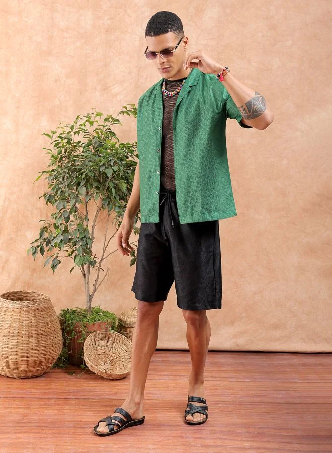 The Indian Garage Co Men Relaxed Fit Solid Half Sleeves Cuban Collar Resort Wear Shirt