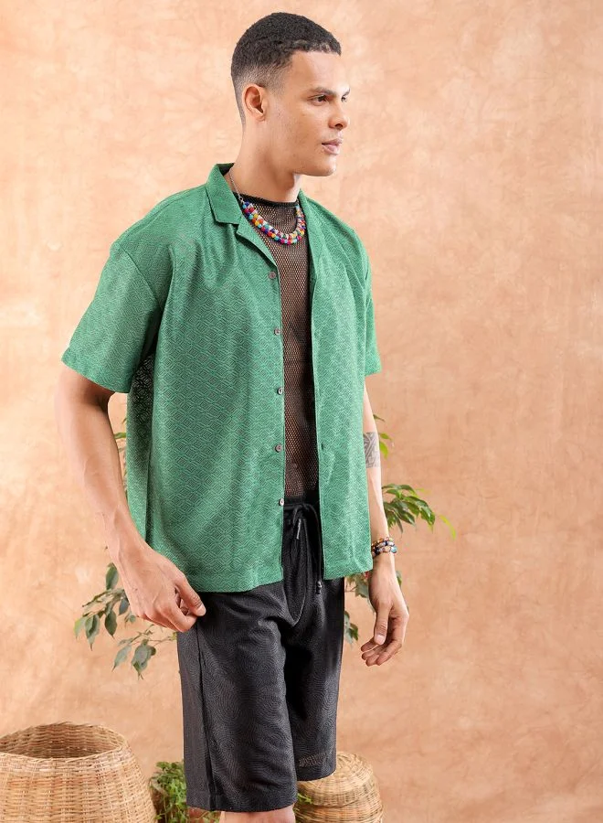 The Indian Garage Co Men Relaxed Fit Solid Half Sleeves Cuban Collar Resort Wear Shirt