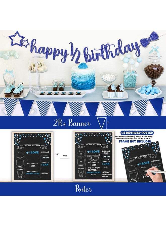 Hombae Half Birthday Decorations - Boy Supplies, Blue Glitter Banner, 1/2 Birthday Hat, Cake Topper, Fans & Pom Poms - Image 4
