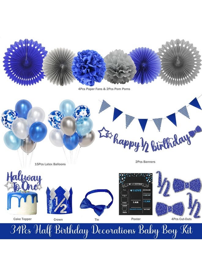 Hombae Half Birthday Decorations - Boy Supplies, Blue Glitter Banner, 1/2 Birthday Hat, Cake Topper, Fans & Pom Poms - Image 2