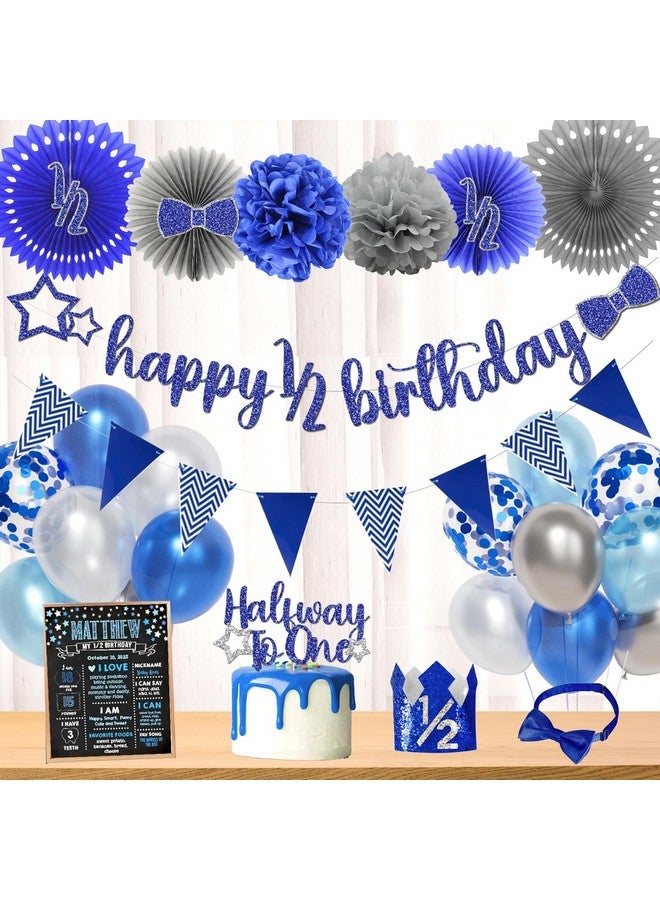 Hombae Half Birthday Decorations - Boy Supplies, Blue Glitter Banner, 1/2 Birthday Hat, Cake Topper, Fans & Pom Poms - Image 1