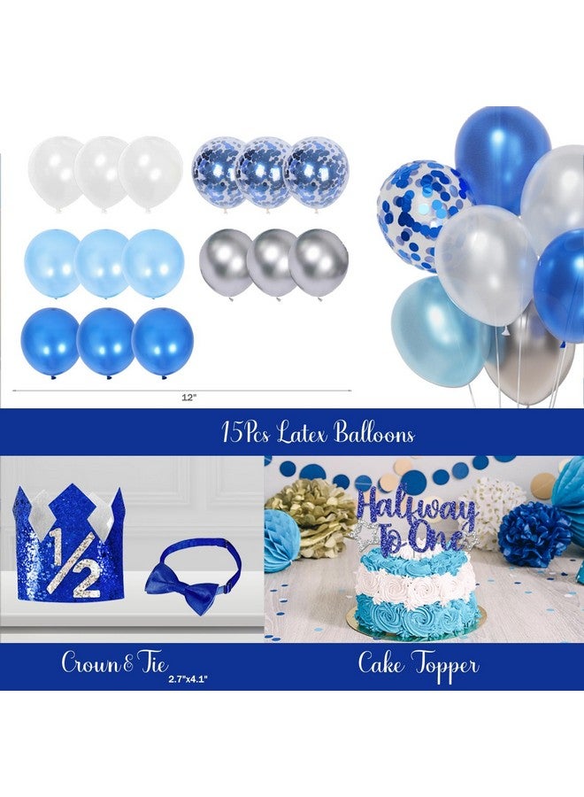 Hombae Half Birthday Decorations - Boy Supplies, Blue Glitter Banner, 1/2 Birthday Hat, Cake Topper, Fans & Pom Poms - Image 5