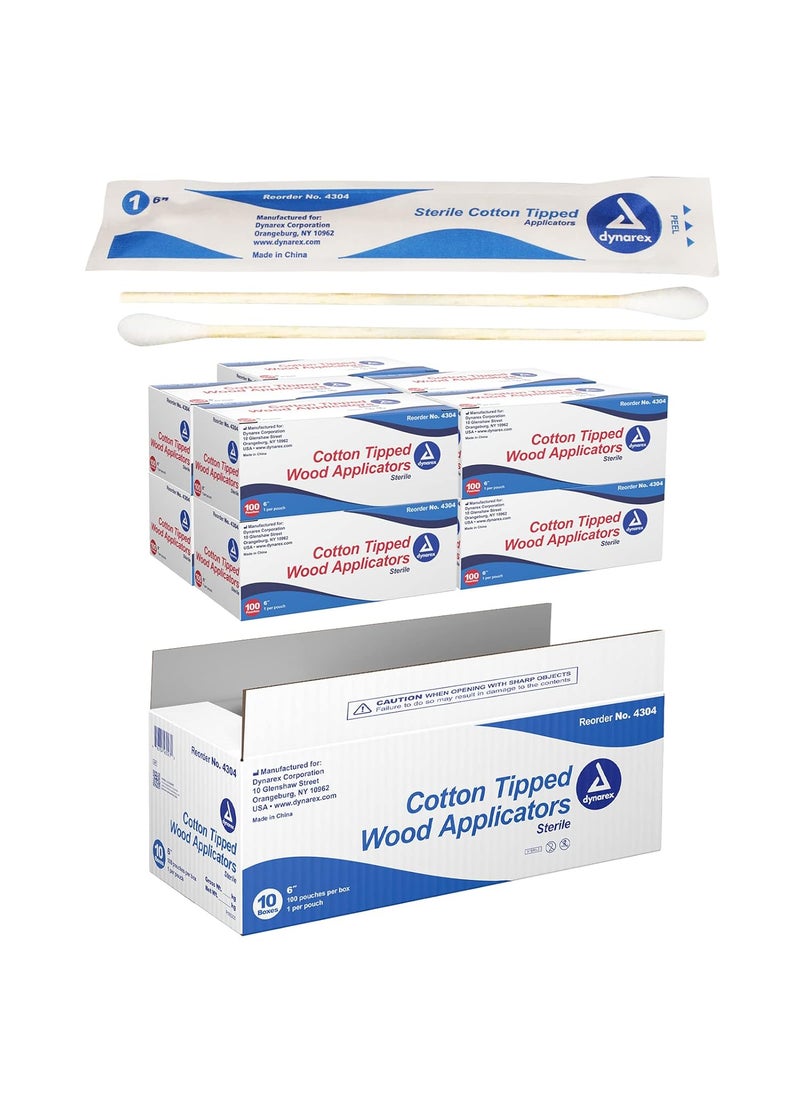 Dynarex Dynarex 4304 Sterile Cotton Tipped Applicator, 6" Length, Single-Use Wooden Cotton Tip Applicator for Wound Care & Dressing, Hygiene, Makeup, Cleaning, Pack of 1000 