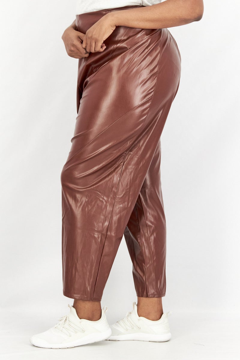 boohoo Women Plus Size Pull On Solid Leather Leggings, Brown - Image 3