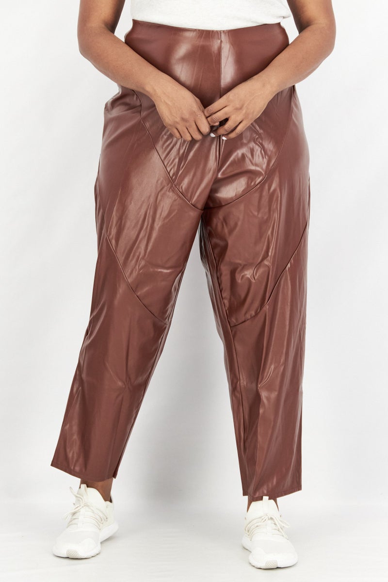 boohoo Women Plus Size Pull On Solid Leather Leggings, Brown - Image 1