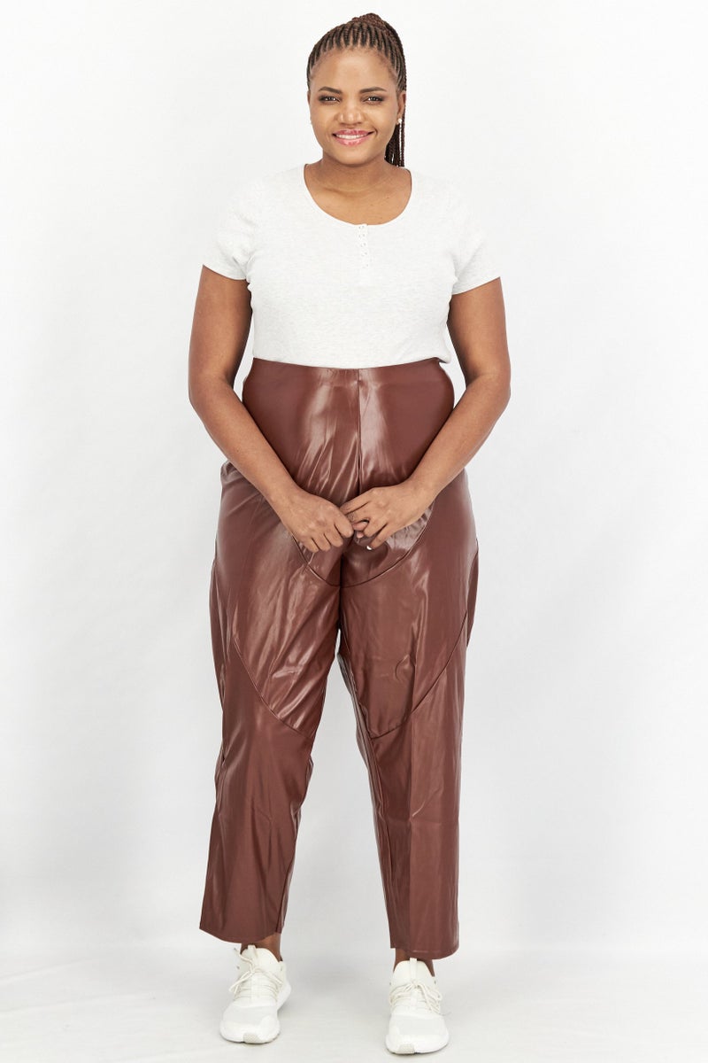 boohoo Women Plus Size Pull On Solid Leather Leggings, Brown - Image 2