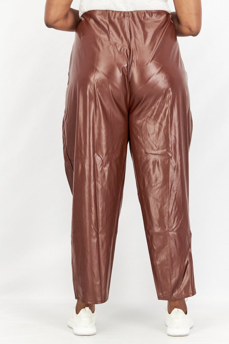 boohoo Women Plus Size Pull On Solid Leather Leggings, Brown - Image 4