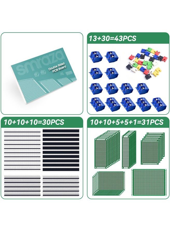 Smraza 104pcs Double Sided PCB Board Kit, Prototype Boards for DIY Soldering and Electronic Project Circuit Boards Compatible with Arduino Kits, 30PCS 40 Pin 2.54mm Male and Female Header Connector - Image 2