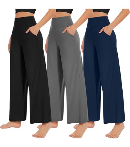 NEW YOUNG 3 Pack Women's Wide Leg Pants with Pockets High Waist Loose Sweatpants Casual Lounge Yoga Workout Palazzo - Image 1
