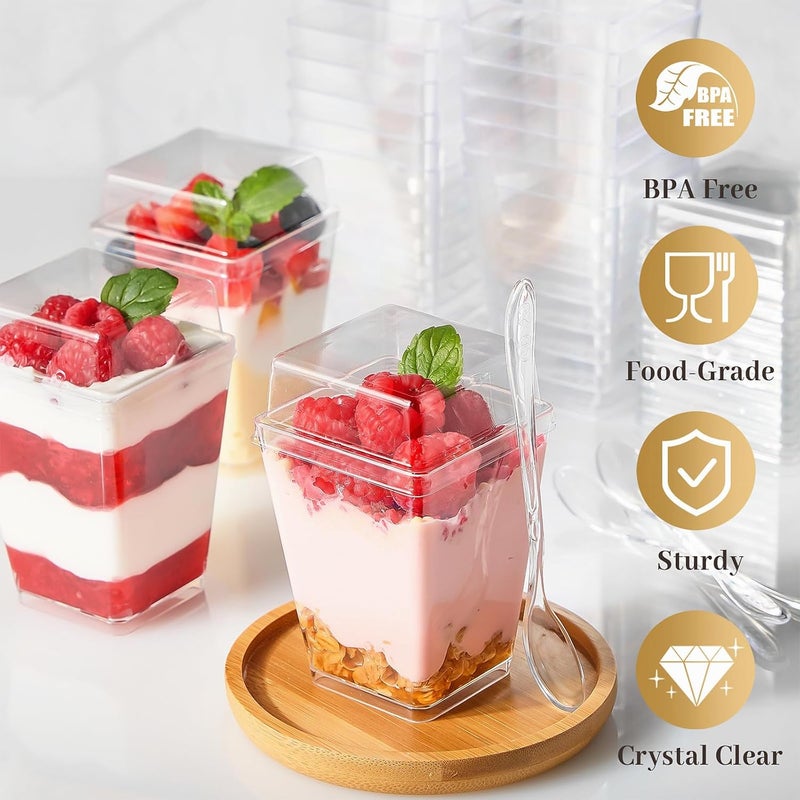 TOFLEN 50 Pack 5 oz Plastic Dessert Cups with High Lids for Party Mini Dessert Cups with Spoons Dessert Shooter Cups for Yogurt Parfait Appetizer Pudding Fruit and Ice Cream - Image 4