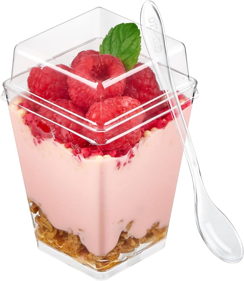 TOFLEN 50 Pack 5 oz Plastic Dessert Cups with High Lids for Party Mini Dessert Cups with Spoons Dessert Shooter Cups for Yogurt Parfait Appetizer Pudding Fruit and Ice Cream - Image 1