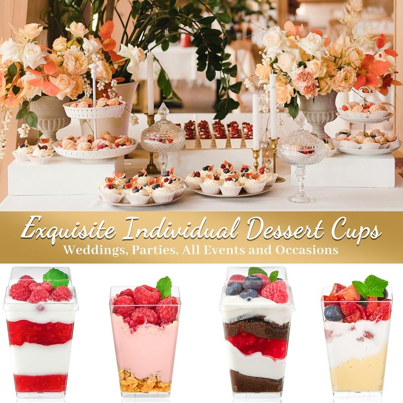 TOFLEN 50 Pack 5 oz Plastic Dessert Cups with High Lids for Party Mini Dessert Cups with Spoons Dessert Shooter Cups for Yogurt Parfait Appetizer Pudding Fruit and Ice Cream - Image 5