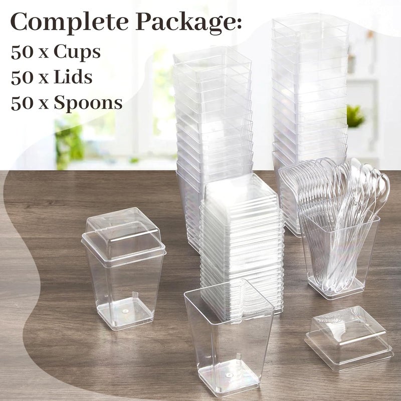 TOFLEN 50 Pack 5 oz Plastic Dessert Cups with High Lids for Party Mini Dessert Cups with Spoons Dessert Shooter Cups for Yogurt Parfait Appetizer Pudding Fruit and Ice Cream - Image 2