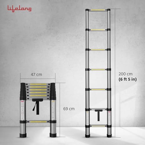 Lifelong Telescopic Ladder for Home, 6.5 Feet - Foldable & Portable Stairs, Versatile Use for Kitchen, Bathroom, Office & Outdoor, Multipurpose Step Ladder with 150 Kg Capacity(LLTL01, Black)Aluminium - Image 3