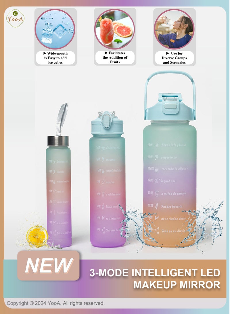 YooA Motivational Large Triple-Set Food-Grade Material Water Bottles in 300ml, 800ml,and 2 Liters | Straw & Handle,Time Markers, Food-Grade, Shatter-Resistant,For All Ages,Activities (Purple, Blue, Orange) - Image 1
