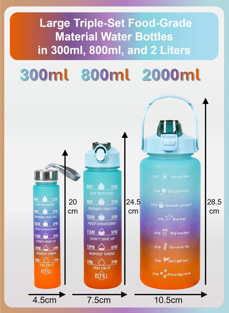 YooA Motivational Large Triple-Set Food-Grade Material Water Bottles in 300ml, 800ml,and 2 Liters | Straw & Handle,Time Markers, Food-Grade, Shatter-Resistant,For All Ages,Activities (Purple, Blue, Orange) - Image 2
