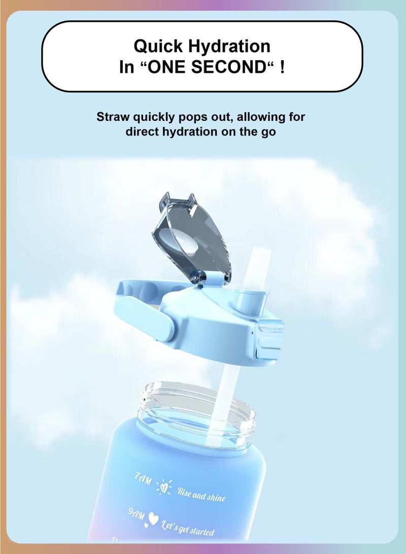 YooA Motivational Large Triple-Set Food-Grade Material Water Bottles in 300ml, 800ml,and 2 Liters | Straw & Handle,Time Markers, Food-Grade, Shatter-Resistant,For All Ages,Activities (Purple, Blue, Orange) - Image 3