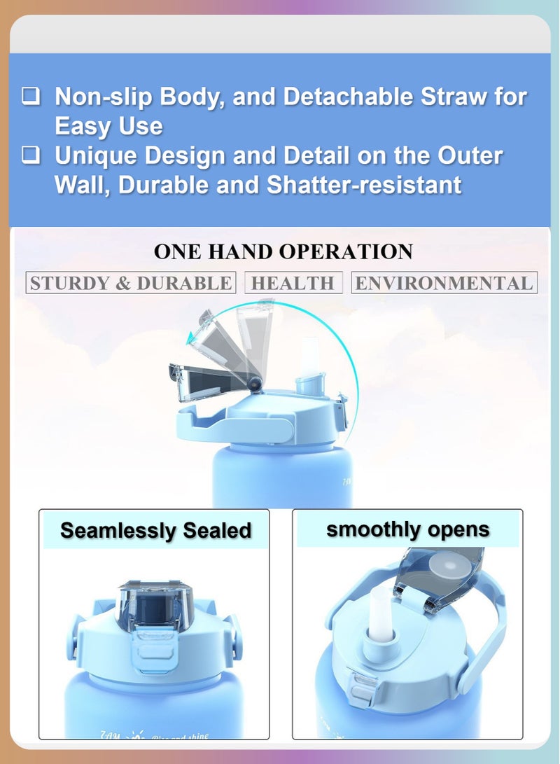 YooA Motivational Large Triple-Set Food-Grade Material Water Bottles in 300ml, 800ml,and 2 Liters | Straw & Handle,Time Markers, Food-Grade, Shatter-Resistant,For All Ages,Activities (Purple, Blue, Orange) - Image 4