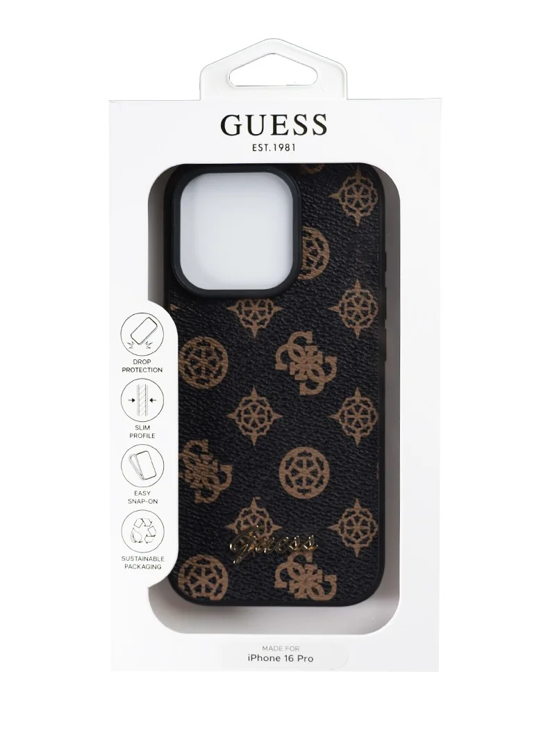 GUESS PU Leather Hard Case with Peony Script Logo for iPhone 16 Pro / Slim Profile/ Easy Snap-On/ Comfortable Grip - Black